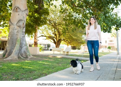 Happy Dog Owner Walking Her Dog On A Leash At The Park. Beautiful Woman Smiling While Going On A Walk With Her Cute Shih Tzu Puppy