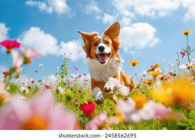 Happy dog running in a blossoming flower meadow on sunny day - Powered by Shutterstock