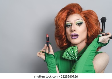 Happy Drag Queen Preparing Makeup In Studio - LGBTQ Concept