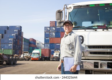 Happy Driver In Front Of Container Truck