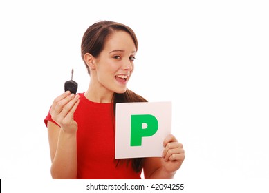 Happy Driver Holding 'P' Plate And Car Key