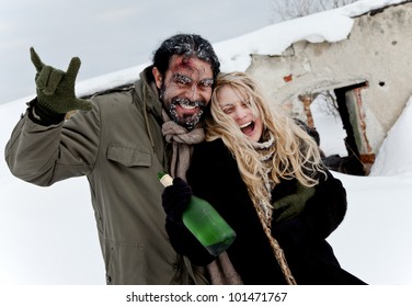 Happy Drunk Homeless Couple Hugging, Woman Holding A Bottle