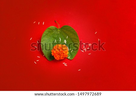 Happy Dussehra greeting card , green leaf and rice,Indian festival dussehra