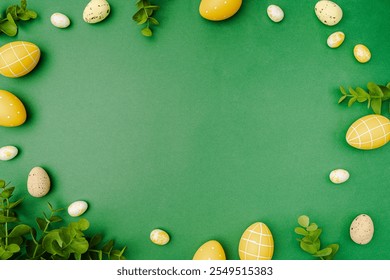 Happy Easter background with easter eggs and spring flowers. Easter background with copy space. Flat lay. High quality photo with green background