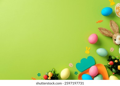Happy Easter background. Top view colorful Easter eggs, bunny, and confetti on bright green table.