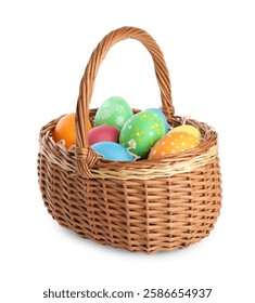 Happy Easter. Bright painted eggs in wicker basket isolated on white