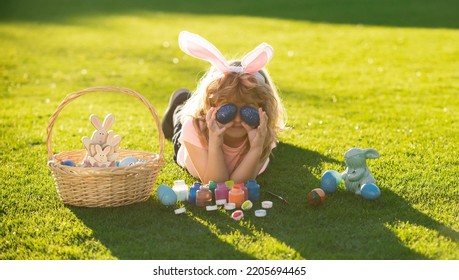 Happy Easter Bunny Child Boy Cover Eyes With Eggs. Spring Kids Holidays Concept.