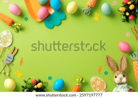 Happy Easter card design. Flat lay composition with colorful eggs, carrot, rabbit, and confetti on bright green background.