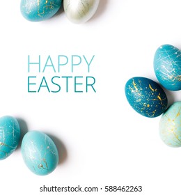 Happy Easter card  Frame  and gold   blue speckled easter eggs and copy space for text  isolated white background