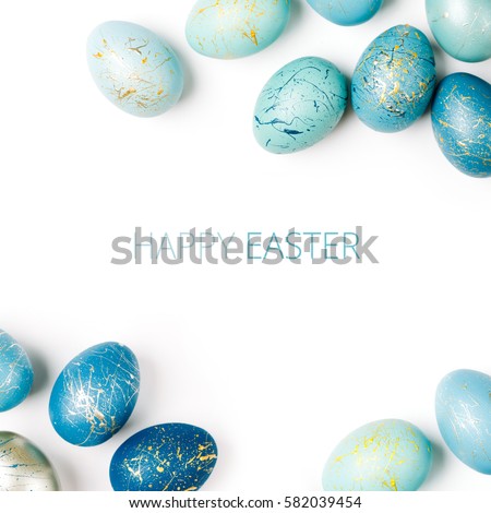 Happy Easter card. Frame  with gold and blue speckled easter eggs with copy space for text. isolated on white background