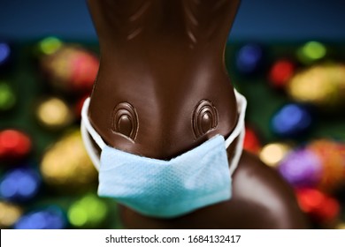 Happy Easter Chocolate Bunny Wearing Face Mask Protection For Virus Smog Contamination