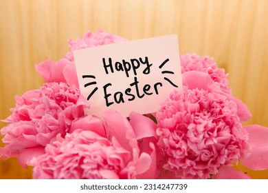 Happy Easter - christian card with text and pink peony flowers bouquet  - Shutterstock ID 2314247739