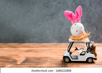 Happy Easter. Colorful Painting Egg On Golf Car For Celebrate In April. Preparing And Painting For Family Home Decoration.