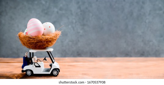 Happy Easter. Colorful Painting Eggs On Golf Car For Celebrate In April.