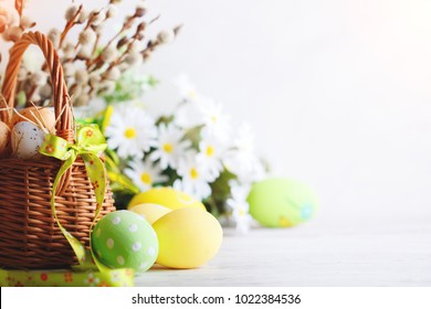 Happy Easter  Congratulatory easter background  Easter eggs   flowers 