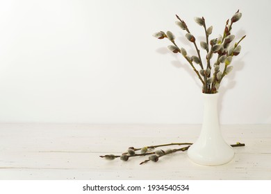 Happy Easter Day card with pussy willow tree in white vase. Branches Of The Pussy Willow on white wooden rustic background. Minimal Easter concept. Copy space for text.                      