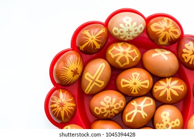 Happy easter eggs decorated with stencilled drawings - Shutterstock ID 1045394428