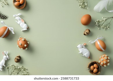 Happy Easter flat lay composition. Top view Easter eggs, quail eggs, gypsophila flowers, Easter bunny, feathers on pastel green background.