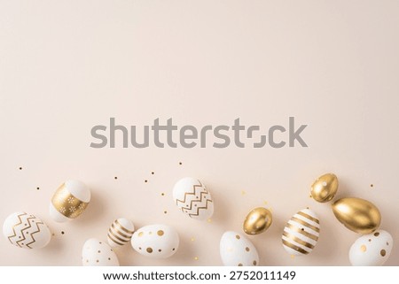 Happy Easter greeting featuring elegant gold and white eggs on a soft pastel background for a festive celebration