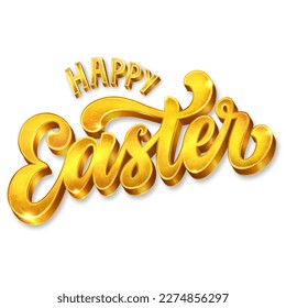 Happy Easter - handwritten 3D lettering phrase. Golden trendy sparkling texture. Modern typography. Spring holiday sign.