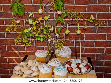 Happy Easter holiday celebration at home. Easter bunny hunt. Spring holiday at Sunday. Eastertide and Eastertime. Good Friday. Hunting eggs. Easter composition on brick wall background. Easter sale.