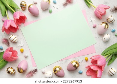 Happy easter holiday greeting card. Bouquet of pink tulips and Easter egg on pink background. Space for text