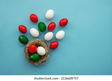 Happy Easter holiday in italian card, Easter eggs as the color of the Italian flag - green, white, red	
 - Shutterstock ID 2136609757