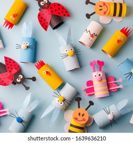 Happy easter kindergarten decoration concept - rabbit, chicken, egg, bee from toilet paper roll tube. Simple diy creative idea. Eco-friendly reuse recycle decor, daycare paper craft