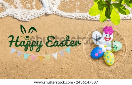 happy easter Happy Easter on sandy beach with Easter eggs on round wooden tray, Tropical Easter background ideaon the beach with wave