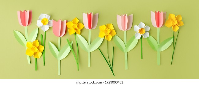 Happy Easter paper craft for kids. Paper DIY seasonal flowers tulips pastel green background. Spring decor, reate art for children, daycare, kindergarten, flyer greeting card, holiday concept