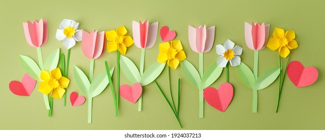 Happy Easter Paper Craft For Kids. Paper DIY Seasonal Flowers Tulips And Hearts On Pastel Green Background. Spring Decor, Create Art For Children, Daycare, Kindergarten, Flyer Greeting Card