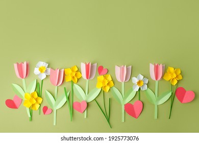 Happy Easter Paper Craft For Kids. Paper DIY Seasonal Flowers Tulips And Hearts On Pastel Green Background. Spring Decor, Create Art For Children, Daycare, Kindergarten, Flyer Greeting Card