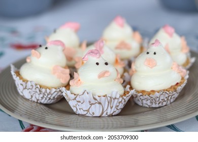 Happy Easter Pink, Yellow Cupcakes With Cute Chickens. Spring Cake