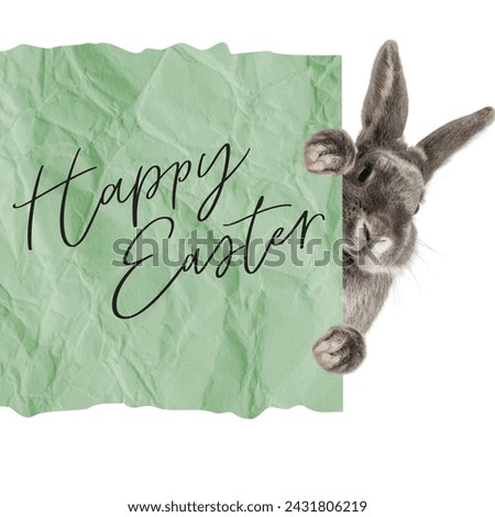 Happy Easter, rabbit and text on green colored paper
