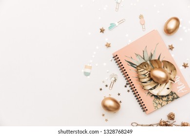 Happy Easter! Stylish stationery background with gold eggs on white background. Table decorating for holiday. Feminine flat lay. Blog easter concept. - Powered by Shutterstock