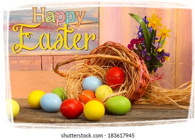 Happy easter text with painted eggs wicker basket old  background white frame