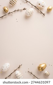 Happy Easter vertical greeting featuring gold and white decorated eggs, pussywillow twigs and delicate confetti on a soft pastel background for a seasonal spring celebration