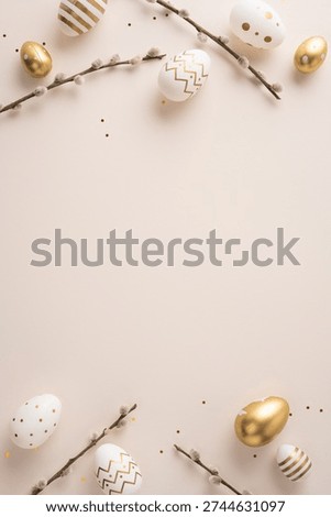 Happy Easter vertical greeting featuring gold and white decorated eggs, pussywillow twigs and delicate confetti on a soft pastel background for a seasonal spring celebration