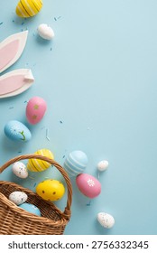 Happy Easter vertical scene with decorated eggs, bunny ears and a wicker basket on a soft pastel background evoking spring celebration and playful seasonal decor