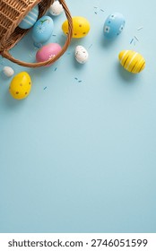 Happy Easter vertical scene with painted eggs spilling from a wicker basket on a soft pastel background, colorful sprinkles and minimalist flatlay composition for seasonal celebration