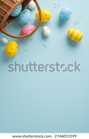 Happy Easter vertical scene with painted eggs spilling from a wicker basket on a soft pastel background, colorful sprinkles and minimalist flatlay composition for seasonal celebration