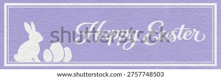 Happy Easter website header with white bunny and eggs silhouette on light violet textured paper background with calligraphy.