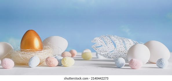 Happy Easter.Easter Poster With Colorful Easter Sweet Eggs And Yellow Car.Spring Easter Holiday Banner With Copy Space