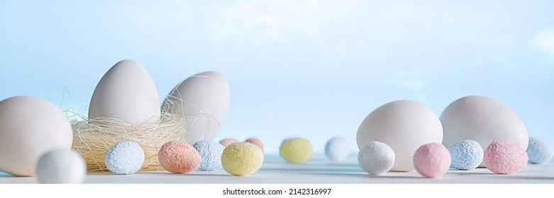 Happy Easter.Easter Poster With Colorful Easter Sweet Eggs And Yellow Car.Spring Easter Holiday Banner With Copy Space