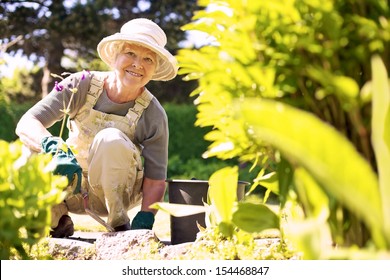 Happy elder woman with gardening tool working in her backyard garden