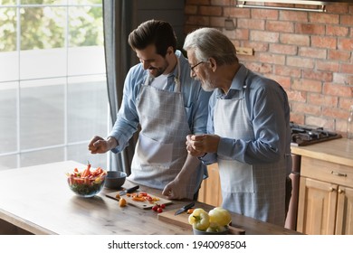 Happy Elderly Caucasian Father And Adult Son Cook Tasty Dish Together In Home Kitchen. Smiling Older 60s Dad And Grownup Man Child Prepare Healthy Vegetable Salad For Dinner. Diet, Hobby Concept.