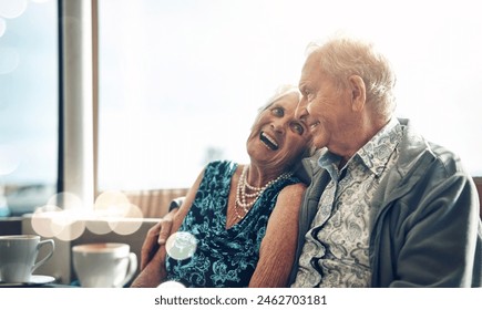 Happy, elderly couple and laughing on coffee date in cafe together for bonding and funny joke in retirement. Smile, senior man and woman with bokeh and morning espresso for relax, peace and humour - Powered by Shutterstock