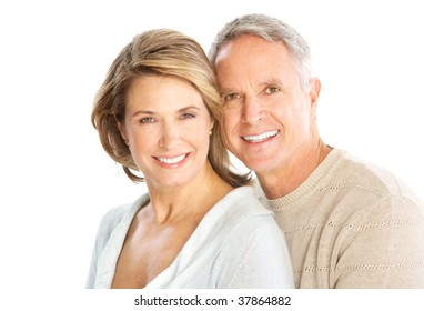 Happy Elderly Couple In Love. Isolated Over White Background