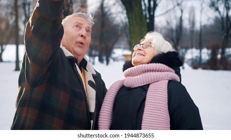 Happy Elderly Couple Playing With Airplane Toy In The Park. Winter Holiday Plans. High Quality Photo