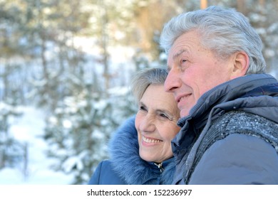 Happy elderly couple standing in winter forest